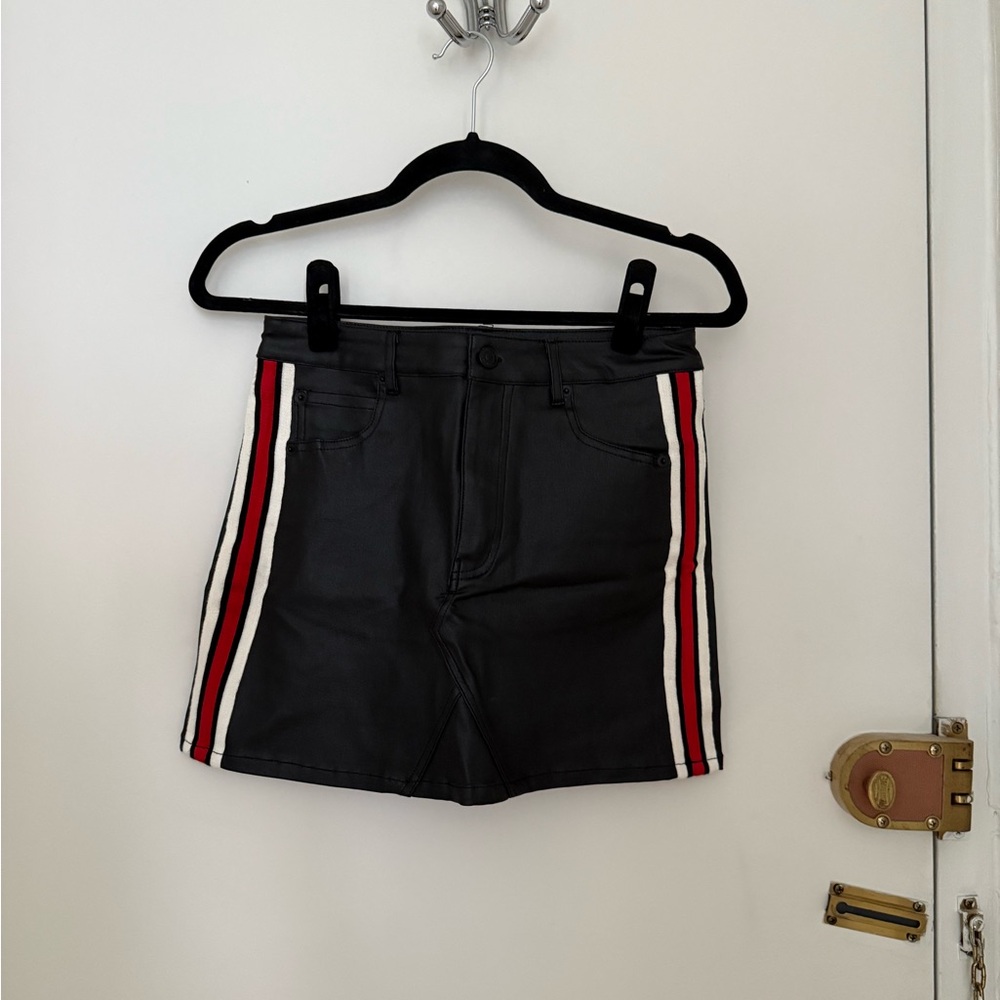 Stylish Black faux leather mini skirt with Red and White Stripes